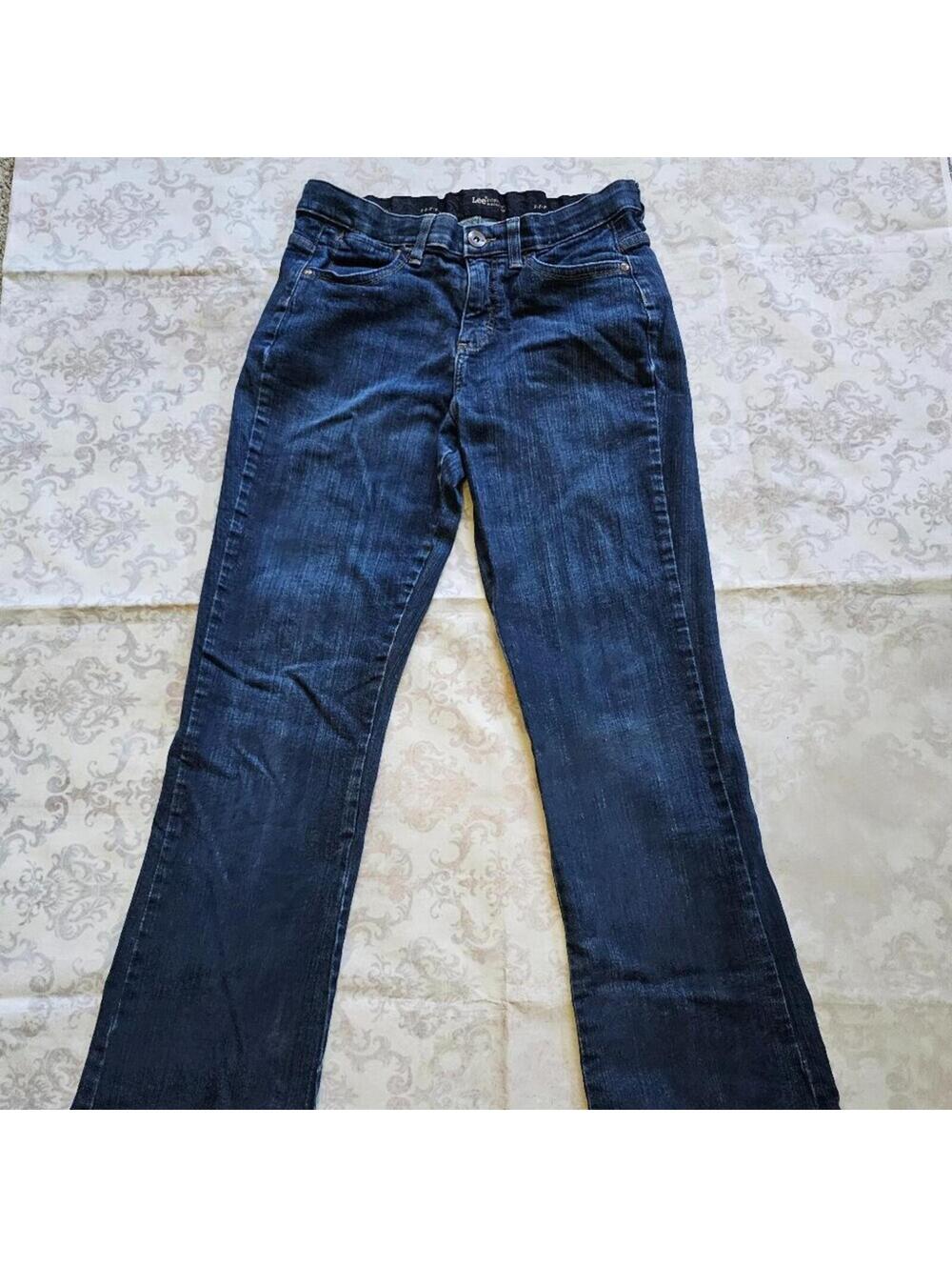 Lee Sz 8 M Stretch Elastic Waist Dark Deep Blue Denim Boot Cut Jeans Comfort